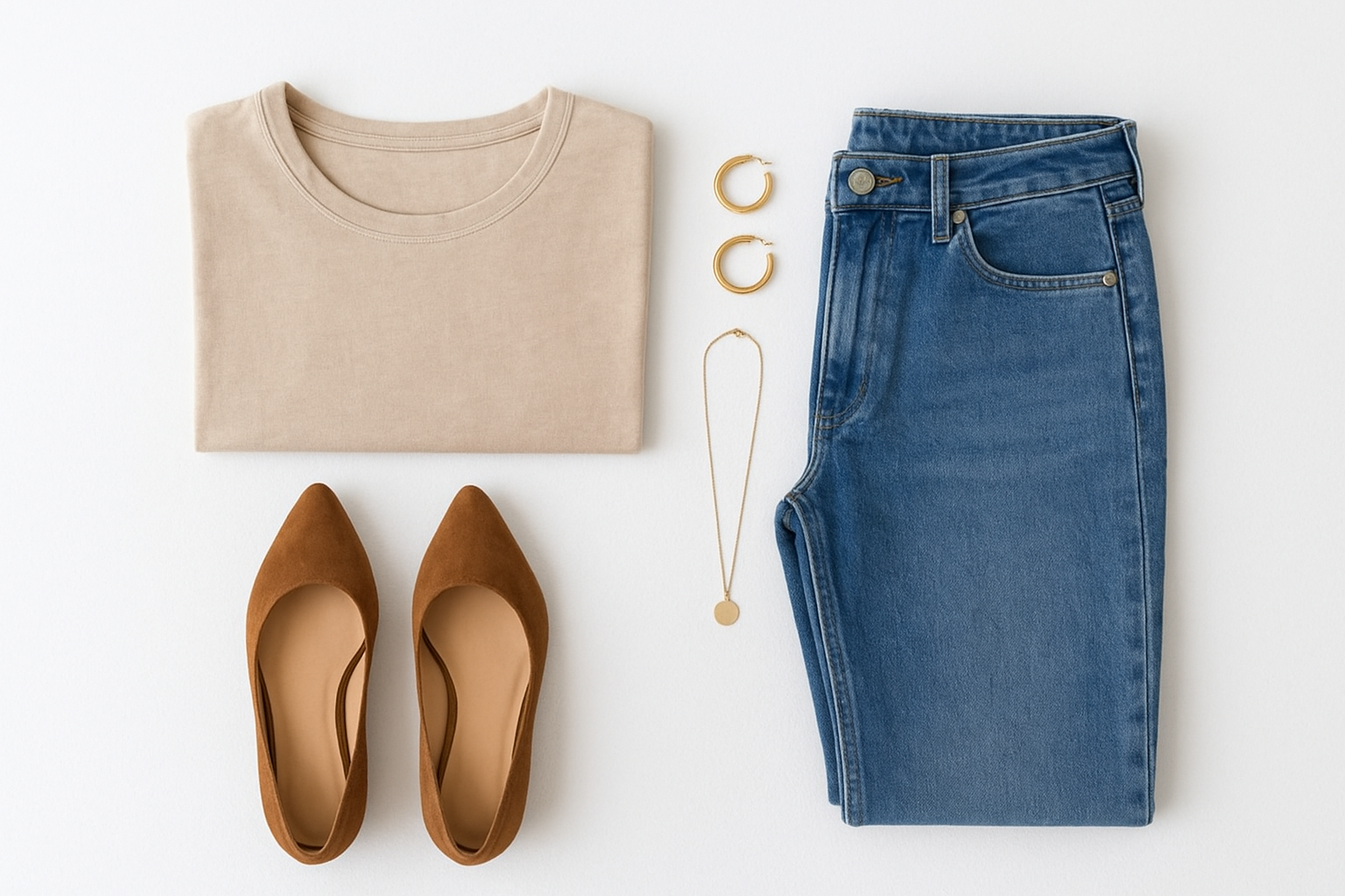 白背景の上にきれいに配置された洋服とアクセサリーを、真上から自然光で撮影した構図